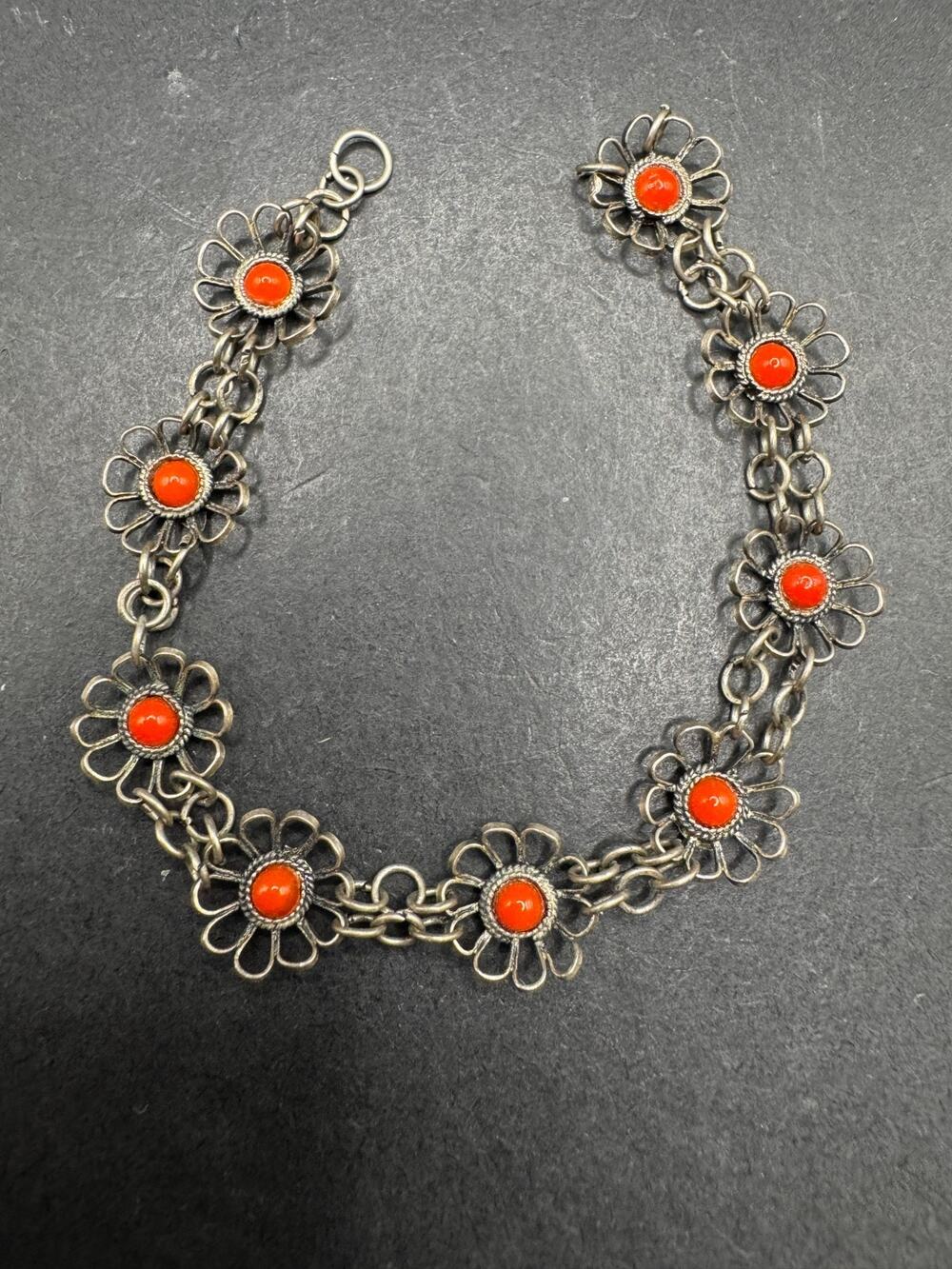 Vintage Silver Tone Filigree Floral Links Red Coral Cabochon Accents Bracelet